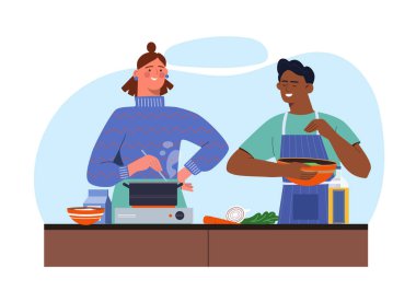İnsanlar birlikte yemek yapar. Erkek ve kadın salata hazırlar ve çorba pişirirler. Karı koca kahvaltı ya da akşam yemeği hazırlıyor. Çift sağlıklı ev yapımı yemek hazırlar. Düz vektör illüstrasyonu