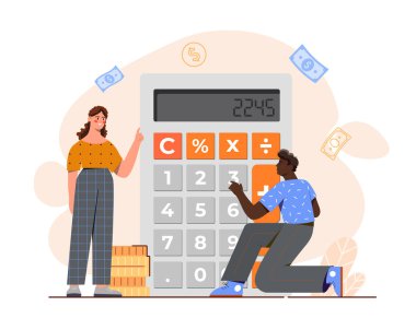 İnsanlar para sayar. Erkek ve kadın, büyük hesap makinesinin, banknotların ve altın paraların yanında. Finansal okuryazarlık ve pasif gelir. Muhasebe ve bütçe. Düz vektör illüstrasyonu