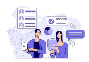 Sendika konsepti. Erkek ve kadın grafiklerin ve grafiklerin yanında. İşbirliği ve işbirliği, ortaklık. Kartel ve sendika. Birlikte çalışan insanlar. Düz vektör illüstrasyonu