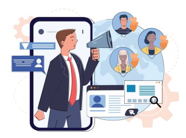 İnternet sitesi promosyonu. Hoparlörlü adam akıllı telefon ekranında. Pazarlamacı internette içeriği destekliyor. Reklam ve pazarlama. Doğrusal vektör çizimi