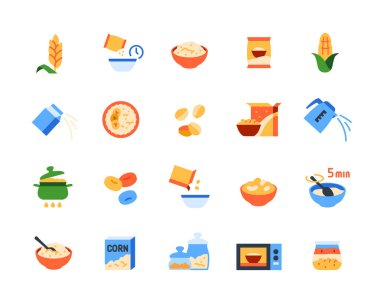 Mısır gevreği ikonları. Yulaf ezmesi, yulaf lapası, süt, buğday gevreği ve kahvaltılı renkli tabelalar. Uygulama veya ambalaj için tasarım ögeleri. Düz vektör illüstrasyon koleksiyonu arkaplanda izole
