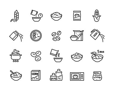 Mısır gevreği çizgisi simgeleri. Yulaf ezmesi, yulaf lapası, süt, buğday gevreği ve kahvaltılı basit semboller. Sağlıklı yiyecekler. Düzenlenebilir felç. Taslak vektör illüstrasyon koleksiyonu arkaplanda izole edildi