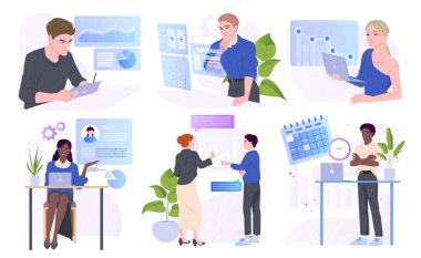 İşletme. Ofis çalışanları ve girişimciler çalışma görevleri planlıyorlar, mali istatistikleri analiz ediyorlar ve yeni çalışanlar işe alıyorlar. Çizgi film vektör illüstrasyon koleksiyonu arkaplanda izole