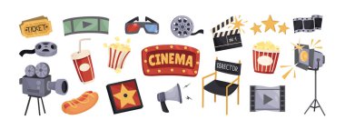 Sinema çıkartması seti. Patlamış mısır, kamera, prodüktör koltuğu, spot ışığı, film ve 3D gözlüklü film etiketleri. Moda tasarım elemanları. Çizgi film vektör illüstrasyon koleksiyonu arkaplanda izole