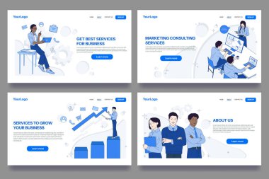 Web sayfası tasarım şablonları. Pazarlama servisi, iş danışmanlığı ve finansal analizler için iniş sayfaları. Arkaplanda izole edilmiş düz vektör illüstrasyon koleksiyonu