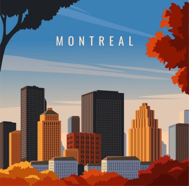 Seyahat yeri posteri. Montreal, Kanada 'nın güzel şehir manzarası. Park manzaralı pankart ve sonbahar ağaçları gökdelenlerin ve şehir mimarisinin arka planına karşı. Çizgi film düz vektör çizimi
