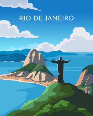 Seyahat yeri posteri. Rio de Janeiro, Brezilya 'nın güzel doğal manzarası. Dağlı manzara, ünlü İsa Kurtarıcı heykeli ve okyanus. Turizm ve seyahat. Çizgi film düz vektör çizimi