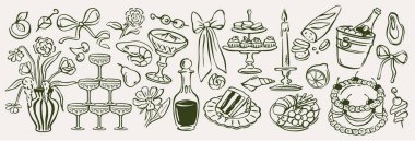 Düğün yemeği ikonu seti. Şenlikli yemekler, pasta, şampanya ve kanepelerle karalama çizimleri. Festival menüsü ve düğün davetiyesi için tasarım. El çizimi vektör çizimi arkaplanda izole edildi