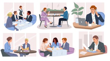 Bir dizi iş yemeği sahnesi. Ofis çalışanları, ortaklar ve girişimciler öğle yemeği yer ve kafe veya restoranda iş toplantıları düzenlerler. El çizimi vektör illüstrasyon koleksiyonu arkaplanda izole