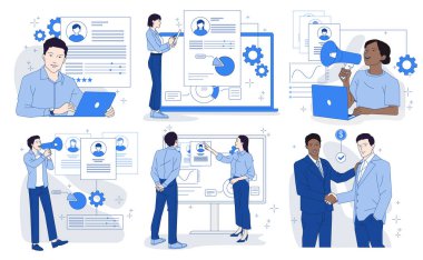 İnsan kaynakları. İnsan Kaynakları personelinin özgeçmişlerini gözden geçirdiği sahneler ve boş yer için işe alım duyuruları. Çalışanları işe almak. Arka planda el çizimi vektör illüstrasyon koleksiyonu izole edildi