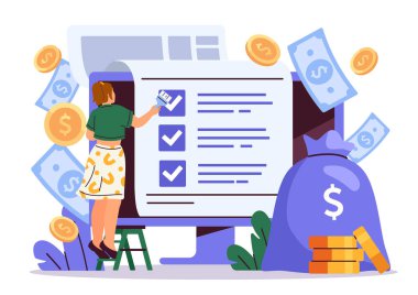 Büyük ekranda para ve banknotlarla çevrili, beyaz arka planda düz stil mali kontrol listesi hazırlayan bir kadın. Bütçe ve finans kavramı. Vektör illüstrasyonu