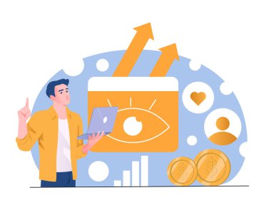 Bilgisayarı tutan adam, dijital pazarlama performansını göz sembolü, oklar, tablolar ve soyut arka plandaki bozuk paralarla analiz ediyor. SEO ve nişan kavramı. Vektör illüstrasyonu