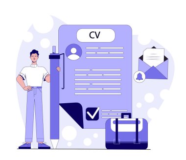 Özgeçmişinde zarf ve bavul bulunan büyük bir CV belgesinin yanında elinde kalem tutan adam, iş aramasını ve yaratılışa devam etmeyi temsil ediyor. Vektör illüstrasyonu