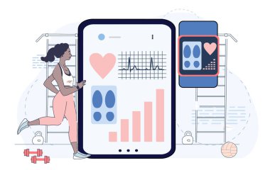 Geniş mobil ekranın yanında koşan bir kadın kalp atış hızı, adımlar ve grafik simgeleriyle hafif arkaplanda düz bir şekilde zindelik verilerini gösteriyor. Sağlık izleme kavramı. Vektör illüstrasyonu