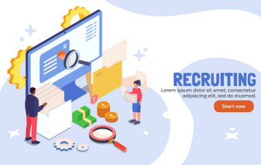 Bilgisayarda özgeçmişleri analiz eden insanları gösteren iş alımı konsepti, dosyalar, ve para, izometrik tarzda, hafif arka planda. Vektör illüstrasyonu