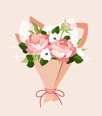 Şeftali ambalajına bağlanmış yeşil yapraklı pembe ve beyaz çiçeklerden oluşan güzel bir buket, ışık pastel arka planda düz grafik tarzı. Kutlama anlayışı. Vektör illüstrasyonu