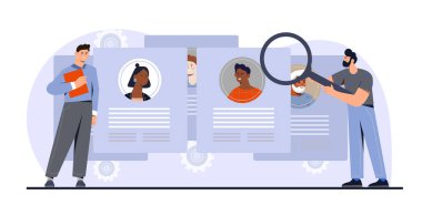 Büyüteçle devam eden iki adam beyaz arka planda karikatür tarzı, vitesli, işe alım süreci ve aday seçimi kavramlarıyla devam ediyor. Vektör illüstrasyonu