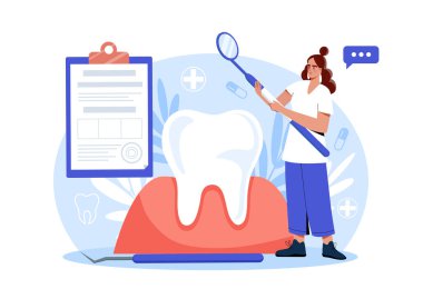 Bir dişçi, diş aynası, diş aletleri ve mavi soyut bir arkaplanda bir pano kullanarak büyük bir diş modelini inceler. Diş bakımı kavramı. Vektör illüstrasyonu