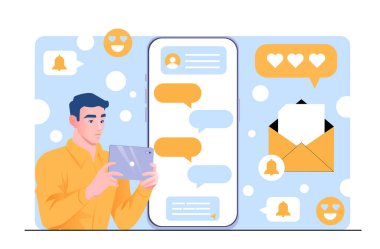 Sohbet ederken tablet tutan genç bir adam, mesaj baloncukları, emojiler ve mavi arkaplanda bildirilerle dolu büyük bir akıllı telefon arayüzünün yanında görülüyor. Vektör illüstrasyonu
