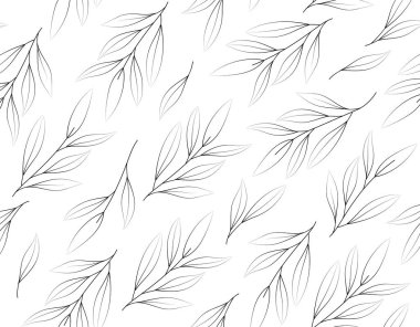 Kusursuz siyah ve gri yapraklı dalların kusursuz deseni, beyaz arka planda minimalist çizgili sanat tarzıyla çizilmiş. Doğa ve zarafet kavramı. Vektör illüstrasyonu