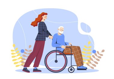 Tekerlekli sandalyedeki yaşlı adam, genç bir kadın tarafından itiliyor, düz stil, yaprakları olan soyut mavi arka plan, bakım ve destek kavramı. Vektör illüstrasyonu