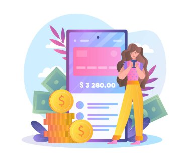 Çevrimiçi bankacılık için akıllı telefon kullanan bir kadın. Arkaplanda büyük bir cep telefonu ekranı, para ve bozuk para var. Beyaz fon üzerinde. Dijital finans kavramı. Vektör illüstrasyonu