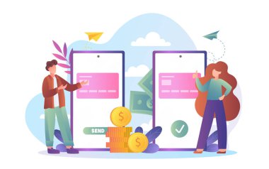 Akıllı telefonların yanında duran iki kişi, beyaz soyut bir arka planda, düz çizgi film tarzında dijital cüzdanlarla para değiş tokuşu yapıyorlar. Çevrimiçi işlemler kavramı. Vektör illüstrasyonu