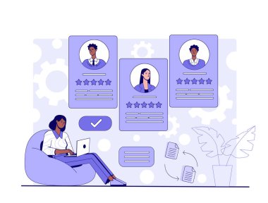Dizüstü bilgisayarlı bir kadın, derecelendirme yıldızları olan aday profillerini analiz ediyor, soyut arka planda minimal düz stil, işe alım ve adam alma kavramı. Vektör illüstrasyonu