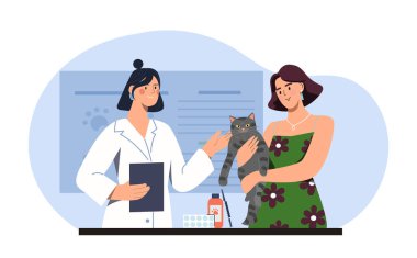 Veteriner kliniğinin muayenesi sırasında kedisi olan bir kadın veteriner ve hayvan sahibi. Hafif arka planda düz çizgi film tarzı. Hayvan bakımı kavramı. Vektör illüstrasyonu