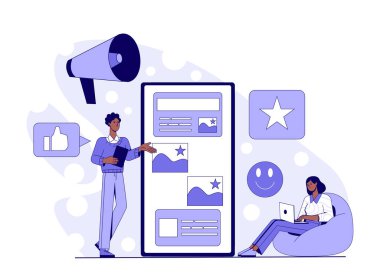 Beyaz arka planda dev bir akıllı telefon ekranı, simgeler ve arayüz elemanları ile dijital pazarlama projesinde işbirliği yapan iki kişi. Online medya stratejisi kavramı. Vektör illüstrasyonu