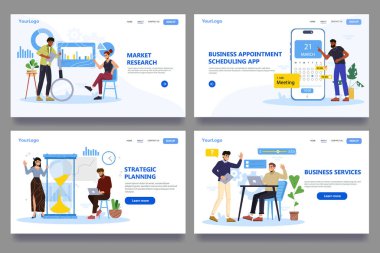 İş hizmetleri web sitesi şablonları. Ofis çalışanlarıyla pazarlama araştırmaları, stratejik planlama ve toplantı programları yapmak. Düz vektör çizimi arkaplanda izole edildi