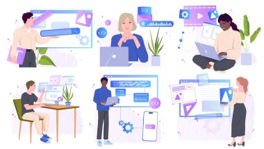 Web geliştirme süreci. Erkek ve kadın web tasarımcıları ağın kullanıcı arayüzünü oluştururlar. Programlama, kodlama ve yazılım geliştirme. Çizgi film düz vektör illüstrasyon koleksiyonu arkaplanda izole edildi