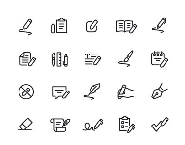 Satır simgesi yazılıyor. Kalem, kalem, el yazması, metin, yazar geçmişi ve tüyü olan basit semboller. Düzenlenebilir felç. Taslak vektör illüstrasyon koleksiyonu arkaplanda izole edildi