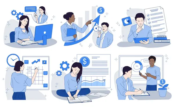 İş eğitimi. Erkek ve kadın girişimciler iş koçluğu ve akıl hocalığı yapıyor. Veri Analizi, Mali Planlama ve Başarı. Düz çizgili vektör illüstrasyon koleksiyonu arkaplanda izole edildi