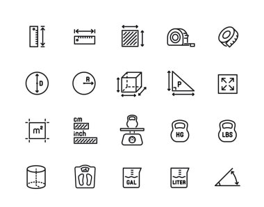 Ölçüm çizgisi simgeleri. Uzunluğu, ağırlığı ve hacmi ölçmek için mezura, ağırlık ve terazi içeren basit semboller. Düzenlenebilir felç. Taslak vektör çizimi arkaplanda izole edildi