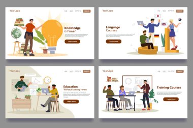İniş Sayfası Tasarım Şablonları Ayarlandı. Uzak eğitim programları, çevrimiçi öğrenme, dil kursları ve webinarlar için web sayfası düzenleri. Düz vektör illüstrasyon koleksiyonu arkaplanda izole