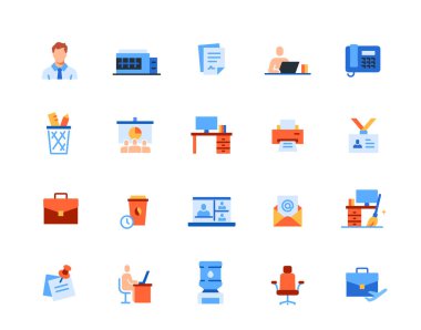 Ofisle ilgili bir takım ikonlar. Çalışan, çalışma alanı, dokümanlar, bilgisayar, telefon ve sandalye ile renkli tabelalar. Web için tasarım elementleri. Düz vektör illüstrasyon koleksiyonu arkaplanda izole