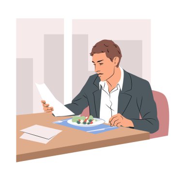 Masada yemek yerken doküman okuyan bir adam, düz grafik tarzı, ofis arka planı, çoklu görev anlayışı ve iş hayatı dengesi. Vektör illüstrasyonu