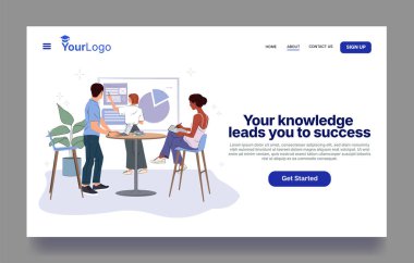 Çizelgeler ve grafiklerle birlikte ekranda, düz stil, beyaz zemin, işbirliği ve başarı kavramı üzerinde çalışan bir grup insan. Vektör illüstrasyonu