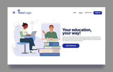 Diz üstü bilgisayarla çalışan bir kadın, beyaz arka planda düz stil kitapların üzerinde erkek bir öğretmen ekranda belirdiğinde. Dijital eğitim kavramı. Vektör illüstrasyonu