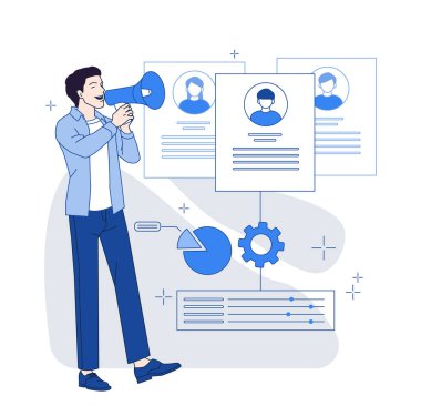 Adam işe alım duyurusu için megafon kullanıyor. Beyaz arka planda, özgeçmişleri, grafikleri ve vites simgeleriyle çevrili. İşe alım kavramı. Vektör illüstrasyonu