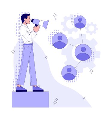 Platformda duran bir adam megafonla insanlarla iletişim kuruyor, düz grafik tarzda, beyaz arka planda, iletişim konseptinde. Vektör illüstrasyonu