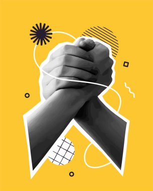 Gri tonda stilize edilmiş, parlak sarı arka planda soyut geometrik elementlerle birlikte iki el sıkıştı. Destek ve ortaklık kavramı. Vektör illüstrasyonu