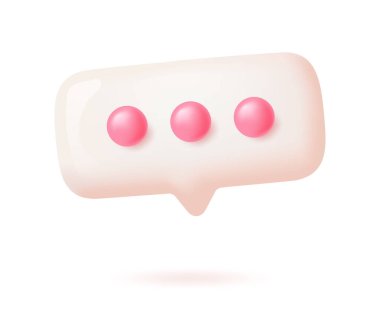 Ortasında üç pembe nokta olan yumuşak pastel sohbet balonu, parlak çizgi film tarzı, beyaz arka planda izole edilmiş. Mesajlaşma ya da iletişim kavramı. Yumuşak 3d vektör illüstrasyonu