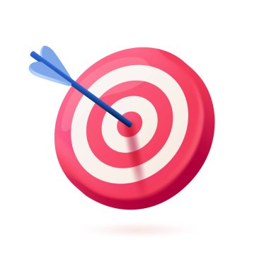 Temiz beyaz arka planda, kırmızı ve beyaz bir hedefin hedefine isabet eden mavi bir dart isabet hassasiyeti, hassasiyeti ve hedef başarısını simgeliyor. Yumuşak 3d vektör illüstrasyonu
