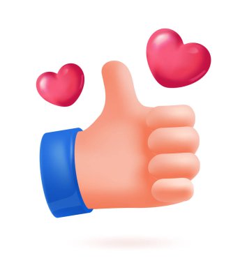 Çizgi film stili el hareketi, iki kırmızı kalp, yumuşak gölgeleme ve parlak efekt, beyaz arka planda izole. Onay ve sevgi kavramı. Yumuşak 3d vektör illüstrasyonu