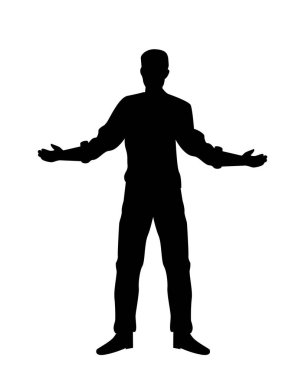 Kolları geniş, sıradan duruşu olan, beyaz arka planda siyah grafik tarzı olan ayakta duran bir adamın silueti. Konukseverlik ya da açıklık kavramı. Vektör illüstrasyonu