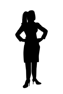 Kendine güvenen bir kadının silueti elleri kalçasında, beyaz arka planda minimal siyah tasarımı var. Güçlendirme ve liderlik kavramı. Vektör illüstrasyonu