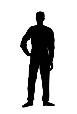 Bir eli kalçasında, diğer eli ise yan yatmış, beyaz arka planda siyah vektör tarzı olan ayakta duran bir adamın silueti. Güven ve duruş kavramı. Vektör illüstrasyonu