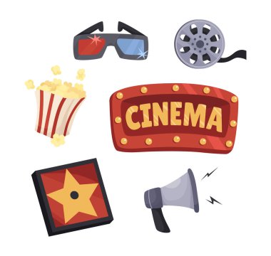 Üç boyutlu gözlük, patlamış mısır, film makarası, yıldız plaketi, sinema işareti ve beyaz arka planda megafon gibi renkli çizgi film simgeleri. Vektör illüstrasyonu